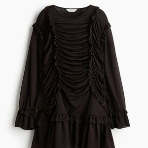 H&M Edition Choco Brn Long Sleeve Ruffle-Trimmed Whimsical Drapped Dress Sz Sml